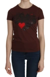 EXTE EXTE CHIC BROWN HEART PRINT CREW NECK WOMEN'S TOP