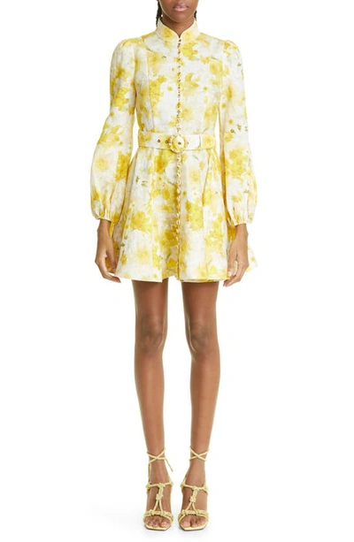 Zimmermann Wonderland Daffodil-print Belted Mini Dress In Daffodil Print