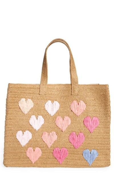 Btb Los Angeles Be Mine Straw Tote In Sand/pink