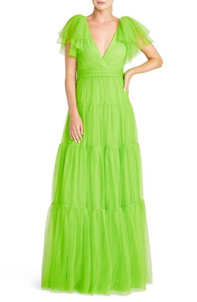 ml Monique Lhuillier Flutter Sleeve Tiered Tulle Gown In Green