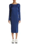 Issey Miyake Pleated Long Sleeve Midi Dress In Deep Blue