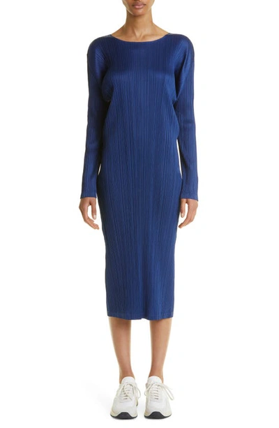 Issey Miyake Pleated Long Sleeve Midi Dress In Blue