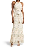 Eliza J Floral 3d Embroidered Halter Neck Gown In Pink Champagne