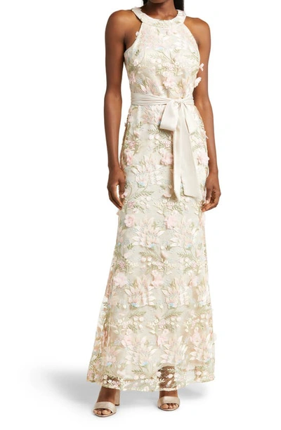 Eliza J Floral 3d Embroidered Halter Neck Gown In Pink Champagne