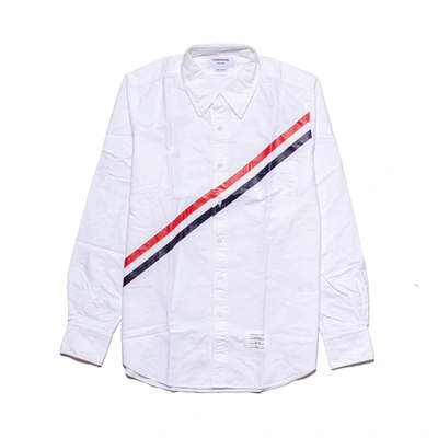 Thom Browne White Cotton Oxford Printed Diagonal Stripe Straight Fit Long Sleeve Shirt White In 3