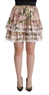 DOLCE & GABBANA DOLCE & GABBANA PINK LILY PRINT SILK MINI TIERED A-LINE WOMEN'S SKIRT