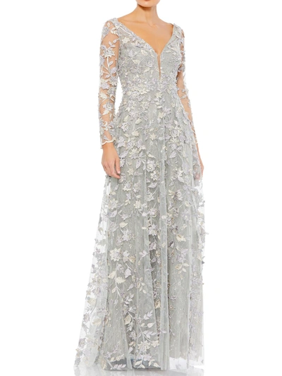 Mac Duggal Womens Lace Long Evening Dress In Silver