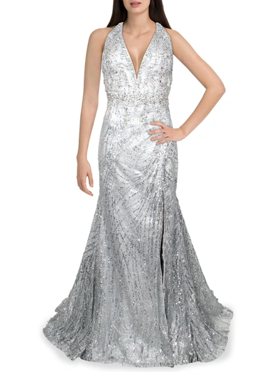 Mac Duggal Womens Sequined Maxi Evening Dress In Silver