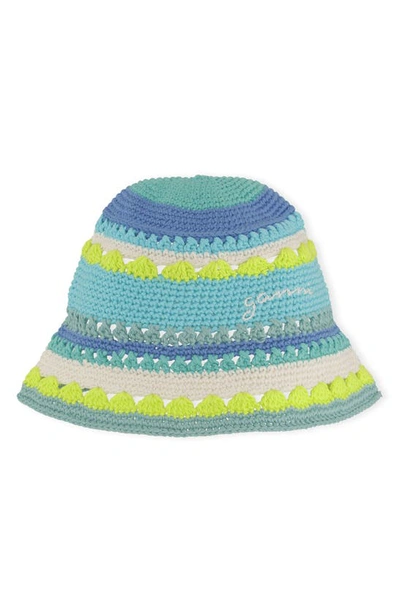 Ganni Blue Crochet Bucket Hat In Multi-colored