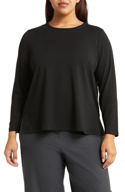 Eileen Fisher Silk Long Sleeve Crewneck Top In Black