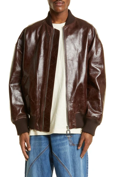 Jw Anderson Leather Bomber Jacket In Brown