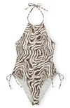 Ganni Recycled Printed Tieband Swimsuit In Egret