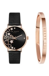 TED BAKER PHYLIPA LEATHER STRAP WATCH & BANGLE BRACELET SET, 34MM