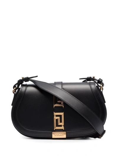 Versace Medium Greca Goddess Leather Shoulder Bag In Black