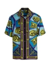 Versace Masks Print Short Sleeve Silk Camp Shirt In Multicolor