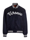 Versace Logo Embroidered Buttoned Jacket In Blue