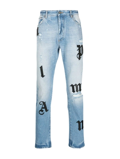 Palm Angels Logo-patches Straight-leg Jeans In Blue