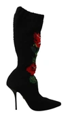 DOLCE & GABBANA DOLCE & GABBANA BLACK STRETCH SOCKS RED ROSES BOOTIES WOMEN'S SHOES