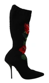 Dolce & Gabbana Black Stretch Socks Red Roses Booties In Black