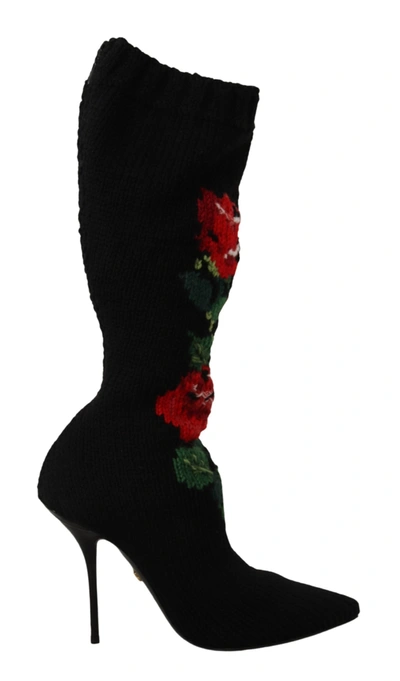 Dolce & Gabbana Black Stretch Socks Red Roses Booties