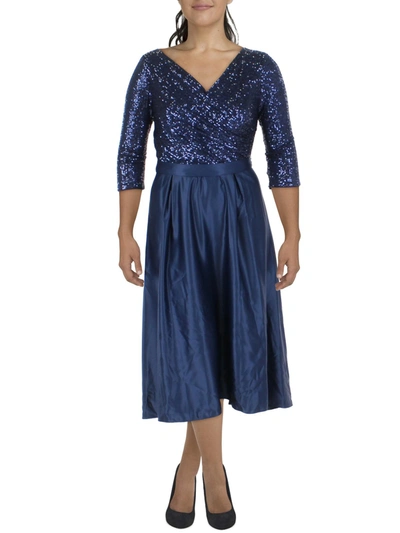 Alex Evenings Womens Sequined Tea Length Evening Dress In Blue