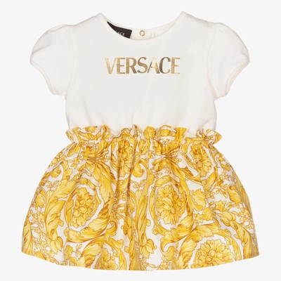 Versace Baby Girls Gold Barocco Dress In Bianco