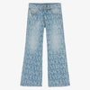 VERSACE GIRLS WASHED BLUE LOGO FLARED JEANS