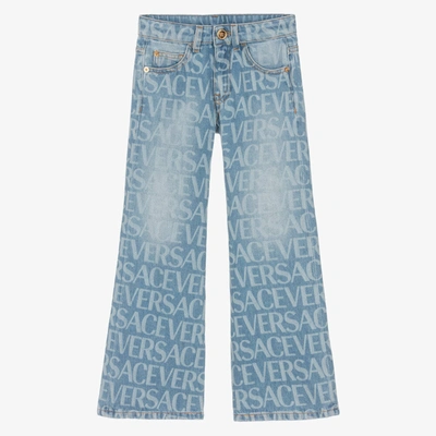 Versace Kids' Girls Washed Blue Logo Flared Jeans