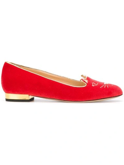Charlotte Olympia Kitty Embroidered Velvet Slippers In Red