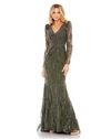 Mac Duggal Embellished Puff Sleeve V Neck Gown In Olive