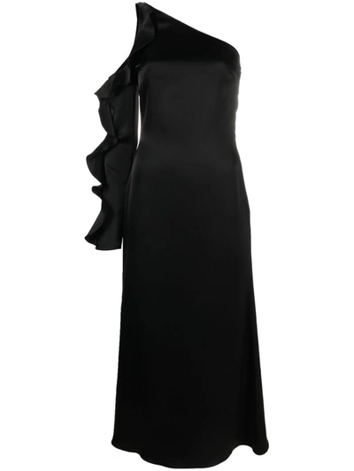 David Koma Ruffle Detail One Shoulder Midi Dress In Black