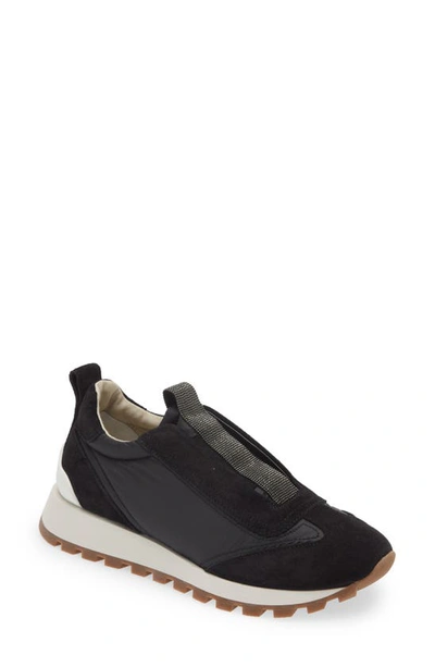 Brunello Cucinelli Runner Shoe In Suede And Taffeta Embellished With Threads Of Brilliant Monili In Noir