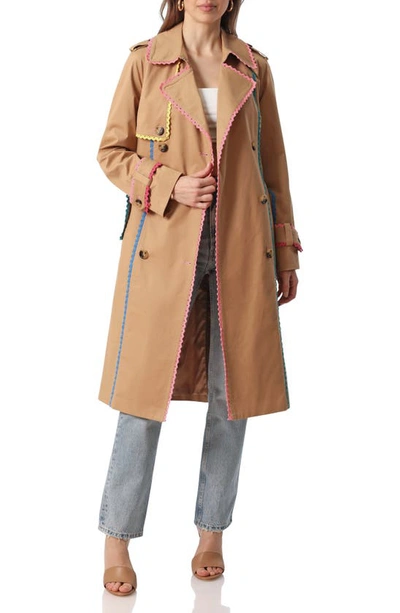 Avec Les Filles Lace Trim Stretch Cotton Trench Coat In Taupe