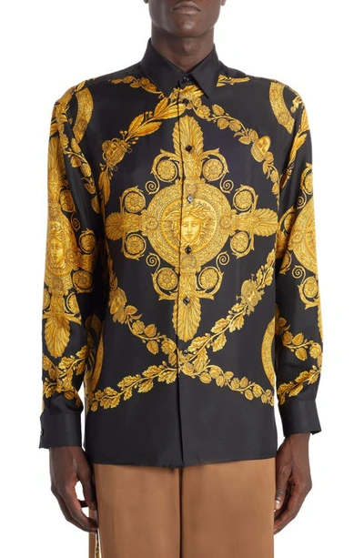 Versace Heritage Print Silk Twill Shirt In Nero