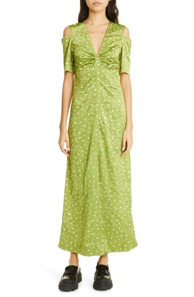 Ganni Cold Shoulder Crinkled Satin Maxi Dress In Green