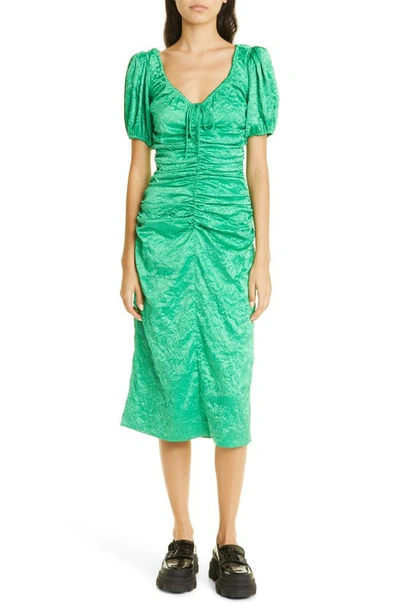 Ganni Short Sleeve Green Crinkled Satin Midi Dress