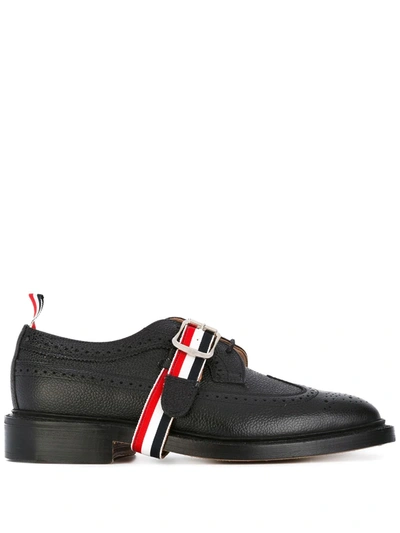 Thom Browne Classic Long Wingtip Brogue With Grosgrain Strap In Black