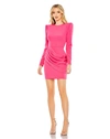 Mac Duggal Long Sleeve Mini Dress With Shoulder Pads In Hot Pink