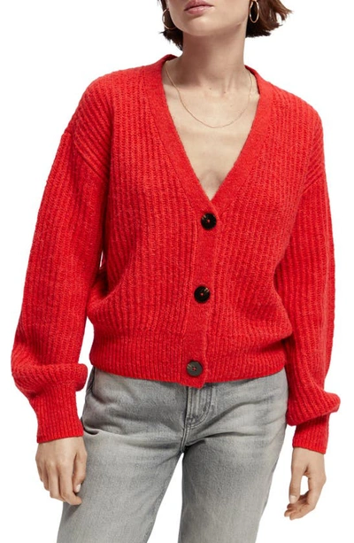 Scotch & Soda Blouson Sleeve Ribbed Cardigan In Electric Red