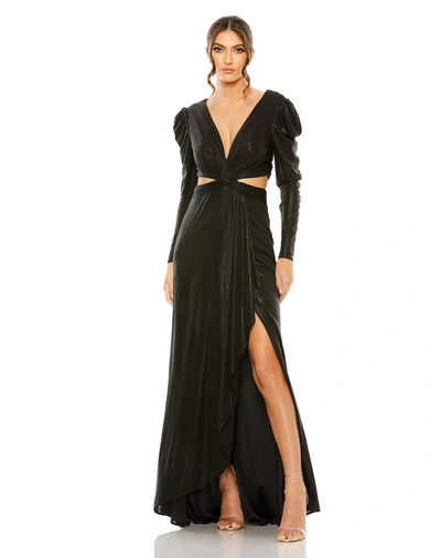 Mac Duggal Princess Sleeve Cut Out Metallic Gown In Black