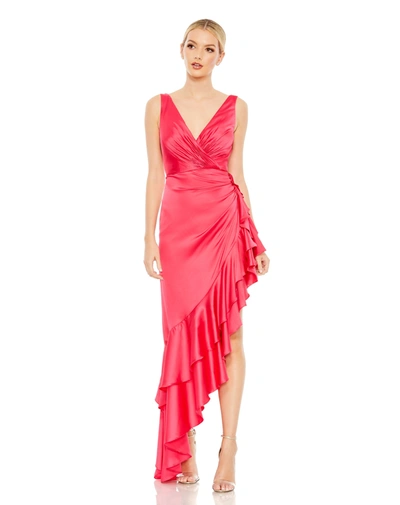 Mac Duggal Asymmetrical Ruffled Hem V Neck Dress In Hot Pink