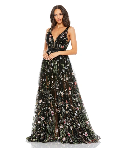 Mac Duggal Floral Embroidered Sleeveless A Line Gown In Black Multi