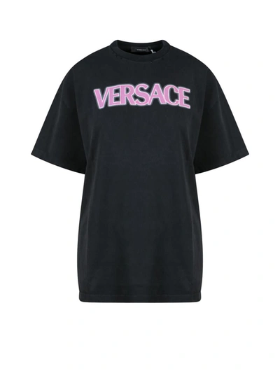 Versace Distressed T-shirt With Neon Logo In Black