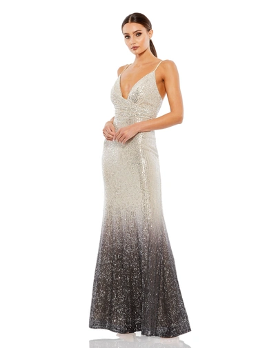 MAC DUGGAL GRAY PLUNGE NECK OMBRE SEQUIN GOWN