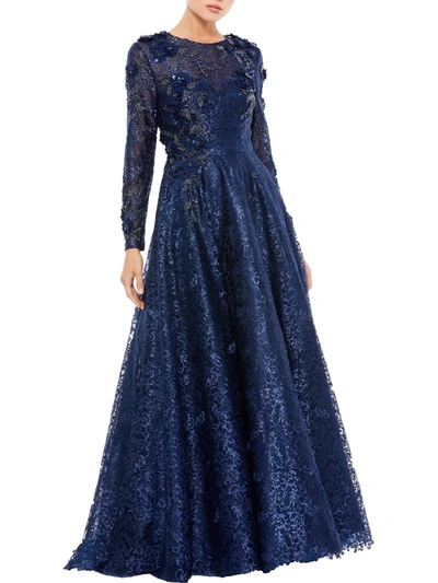 Mac Duggal Womens Sheer Long Evening Dress In Blue