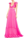 Mac Duggal Rosette Chiffon Cutout Empire Waist Gown In Pink