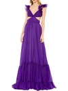 Mac Duggal Ruched Ruffled Shoulder Cut Out Lace Up Gown In Purple