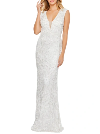 Mac Duggal Womens Beaded Maxi Evening Dress In White