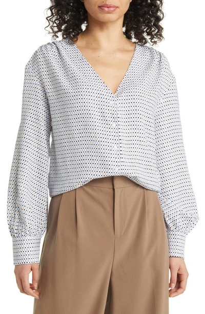 Nordstrom Print V-neck Blouse In White- Tan Black Geo Stripe