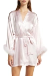 In Bloom By Jonquil Feather Trim Satin Robe In Powder Puff Pink